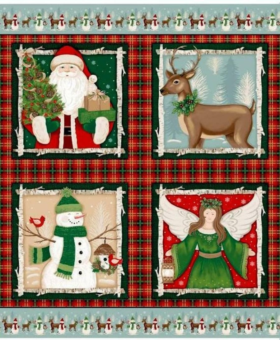 Christmas Snowman, Santa, Reindeer and Angel 4 Cushion Panels 100% Cotton Fabric