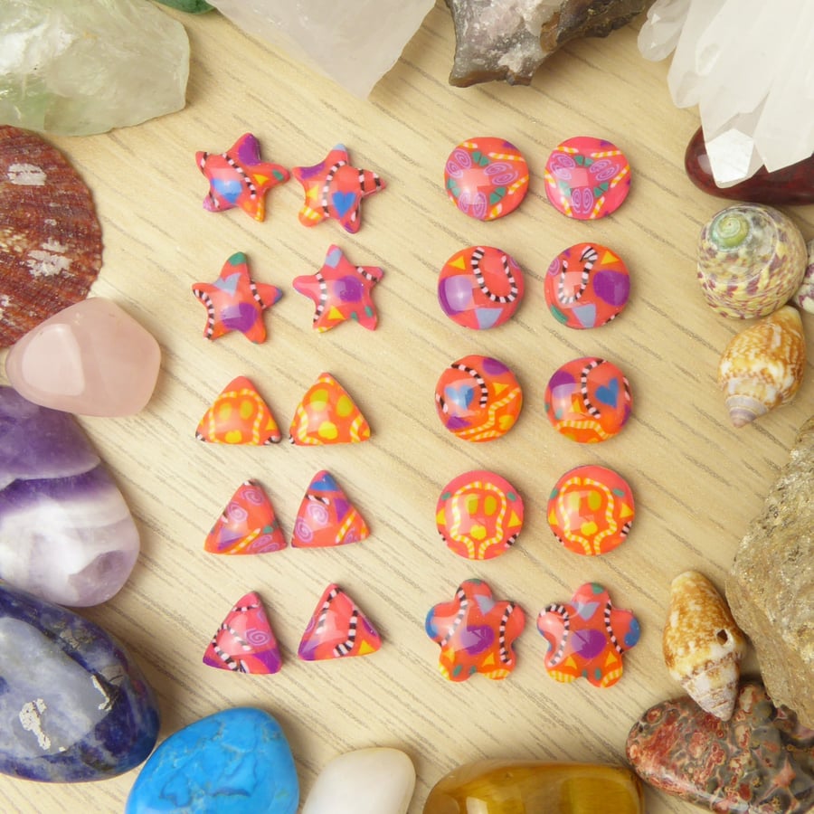 Neon Pink 90s Inspired Stud Earrings - Patterned Studs Flowers, Triangles, Star