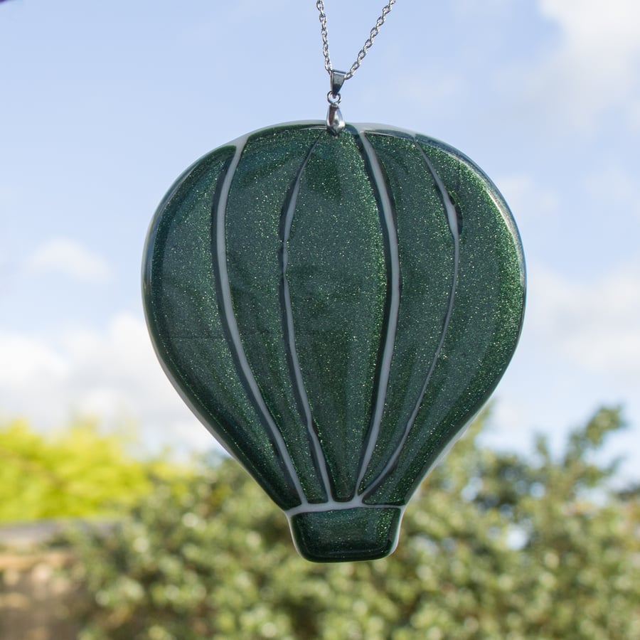Green and White Hot Air Balloon Hanger in Fused Glass - 3109