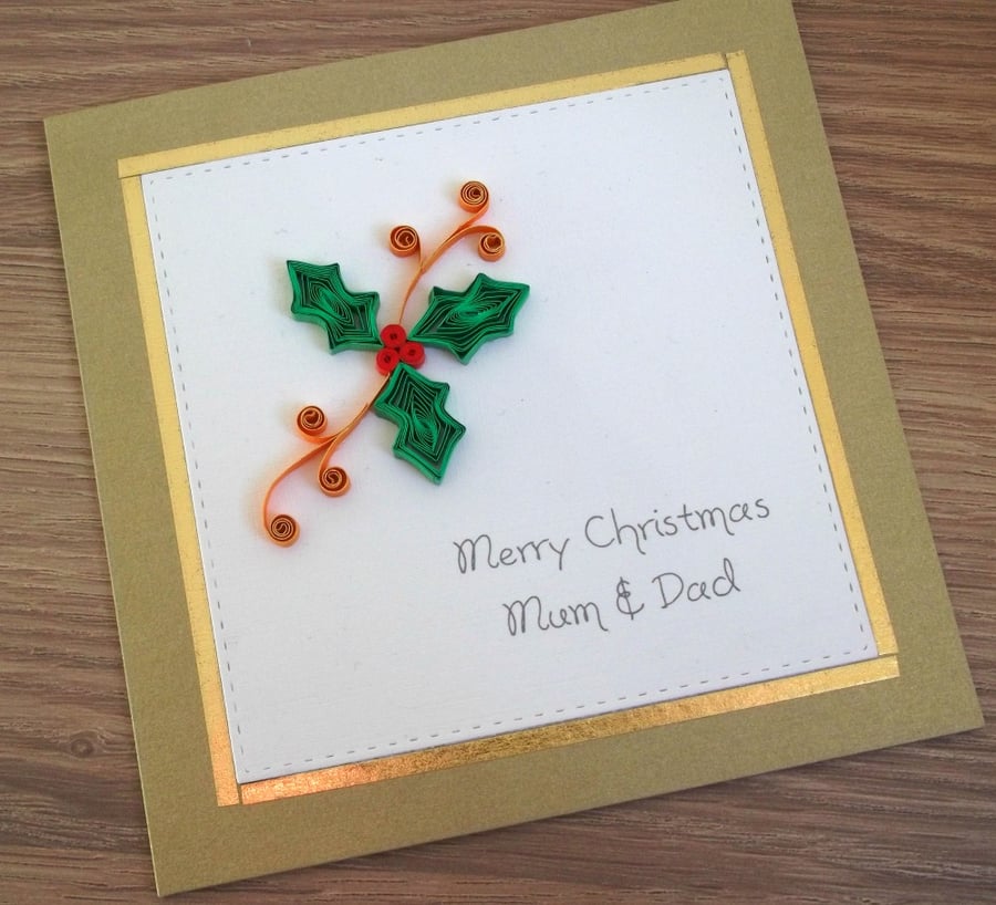 Handmade quilled Christmas card - personalised, mum & dad, any names