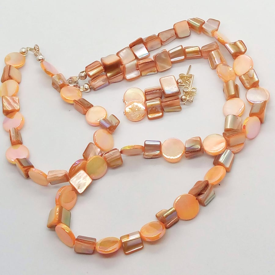 Peach Mother of Pearl Discs and Shell Cube Bead Jewellery Set, Gift for Her