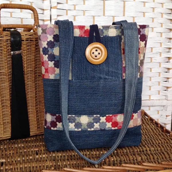 Recycled denim and tapestry tote bag