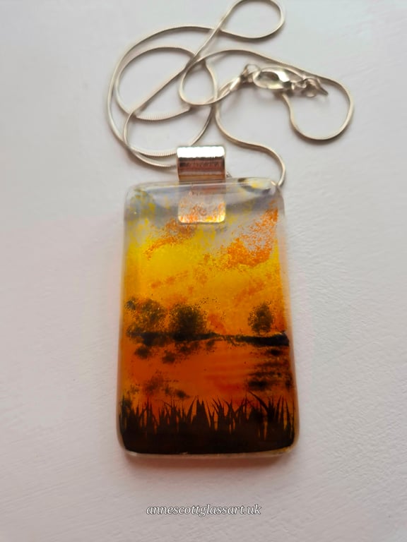 Handmade Dramatic Sunset over Water (b) Fused Glass Pendant Necklace