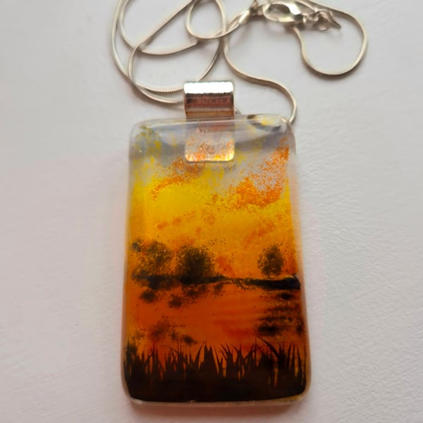 Handmade Dramatic Sunset over Water (b) Fused Glass Pendant Necklace
