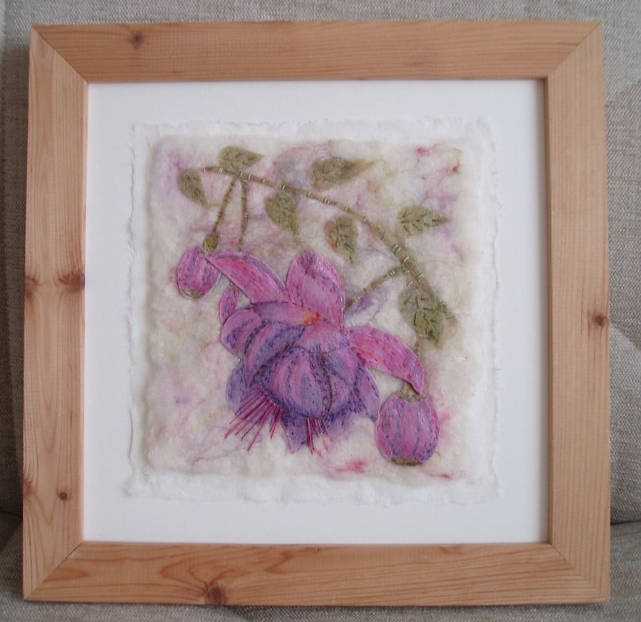  EMBROIDERED FUCHSIA PICTURE APPLIQUED FABRIC ART on handmade felt