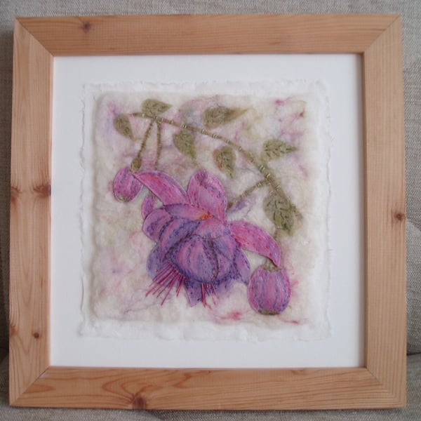  EMBROIDERED FUCHSIA PICTURE APPLIQUED FABRIC ART on handmade felt