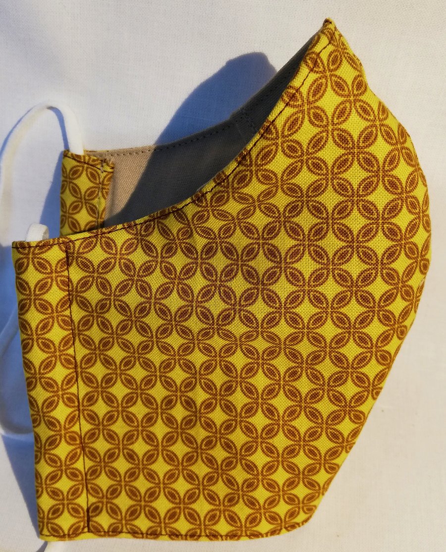 Face mask reusable triple layer 100% cotton mustard yellow with brown diamonds