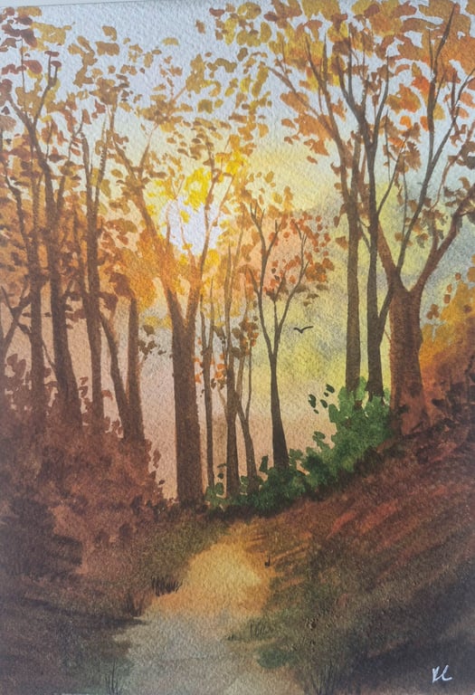 Original Watercolour Painting Autumn Walk signed forest gift