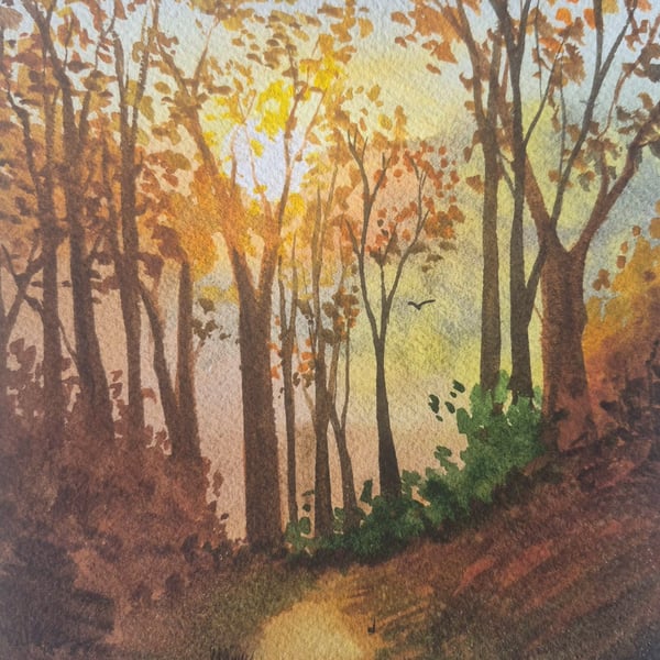 Original Watercolour Painting Autumn Walk signed forest gift