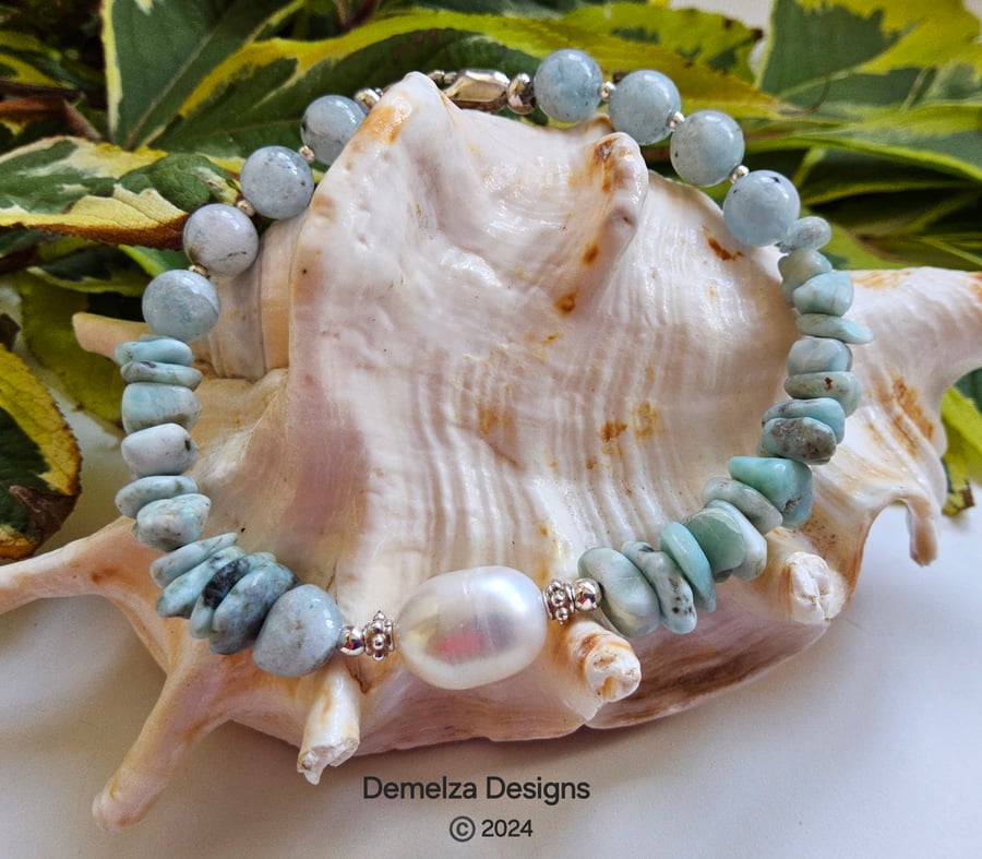 Larimar, Aquamarine & Baroque Freshwater Pearl Sterling Silver Bracelet 