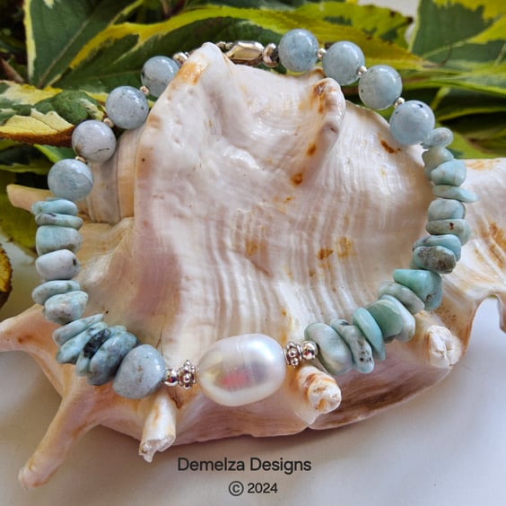 Larimar, Aquamarine & Baroque Freshwater Pearl Sterling Silver Bracelet 