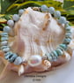 Larimar, Aquamarine & Baroque Freshwater Pearl Sterling Silver Bracelet  - Image 1
