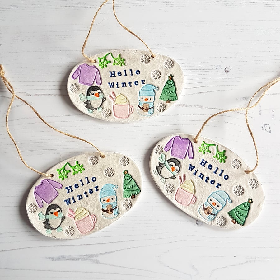 Hello Winter hanging plaque decoration