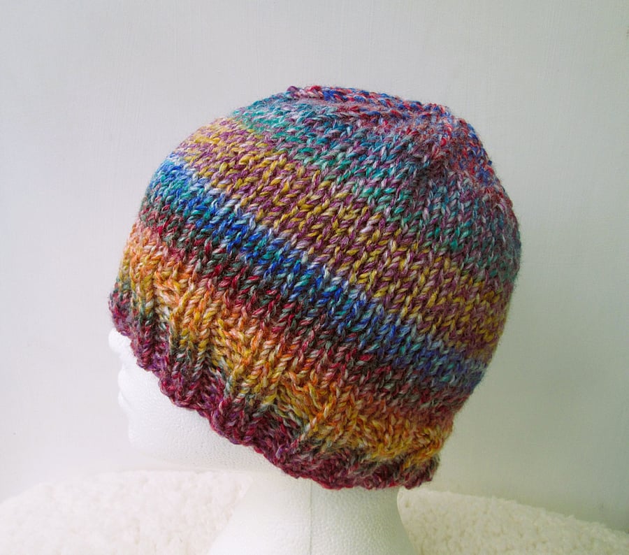 Multi coloured stripey chunky beanie hat for an adult