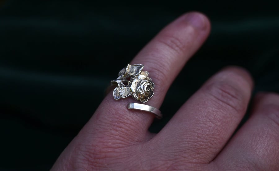 Handcrafted Sterling Silver Floral Rose Spoon Ring Size L-M Adjustable