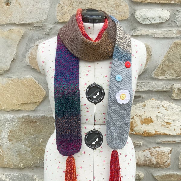 Long Knitted Scarf. Patchwork Scarf. Double Layered Scarf. Tube Scarf. Scarves