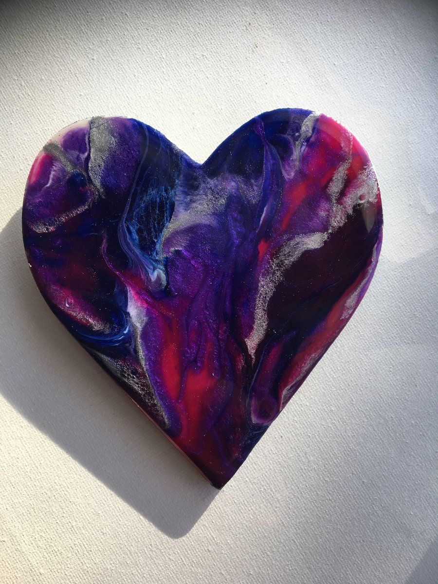 Heart shaped, mini abstract resin painting, pink, blue, purple, silver 