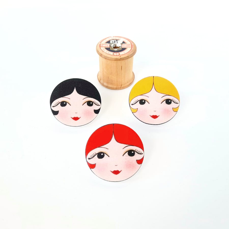 Large Doll Face Buttons Set of 3 size 38mm 