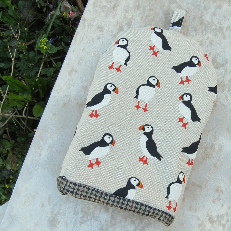 Coffee cosy  Puffins design.  Size small, made to fit a 2 cup cafetiere.