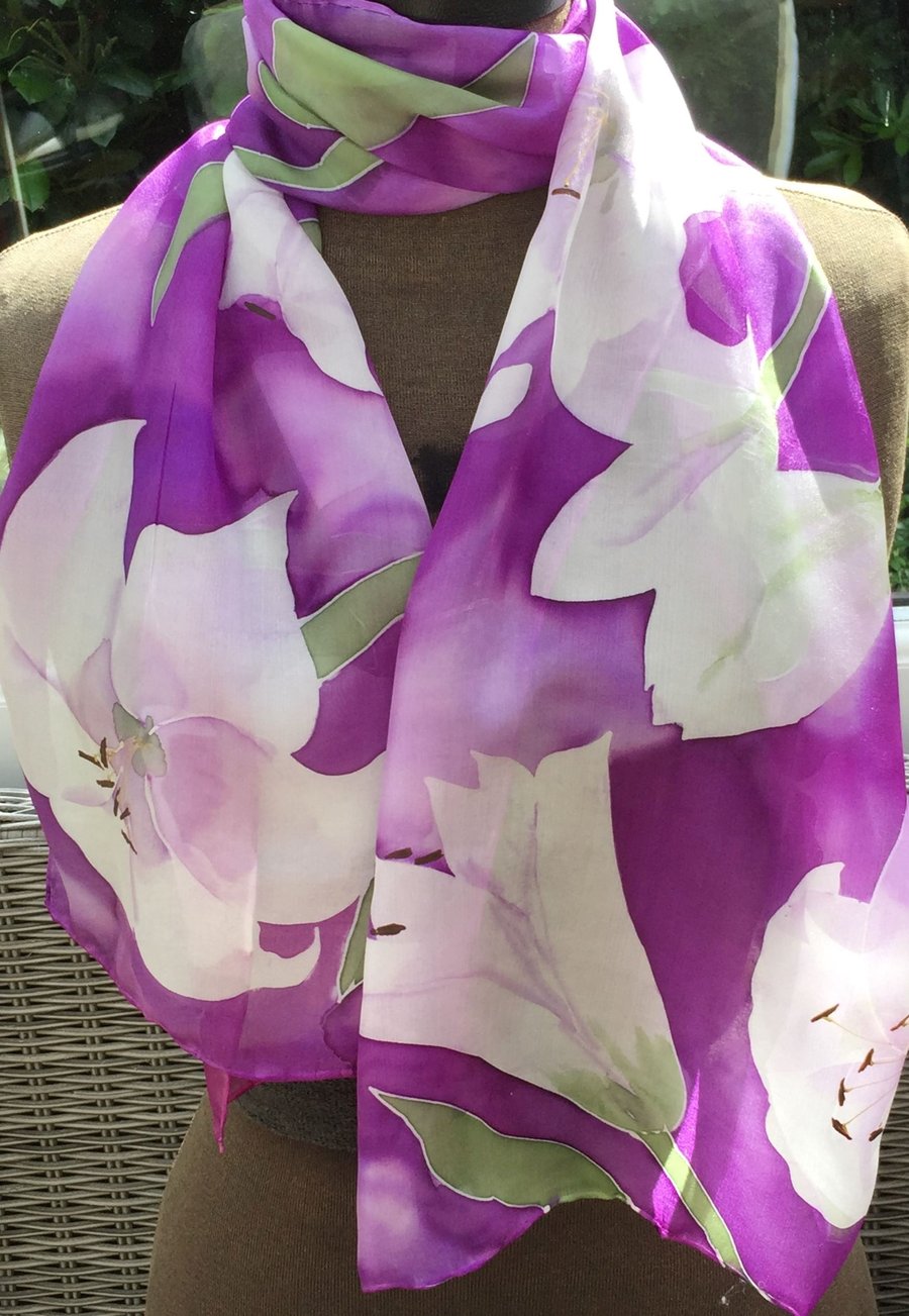 White Lilies hand painted silk scarf. Floral silk scarf