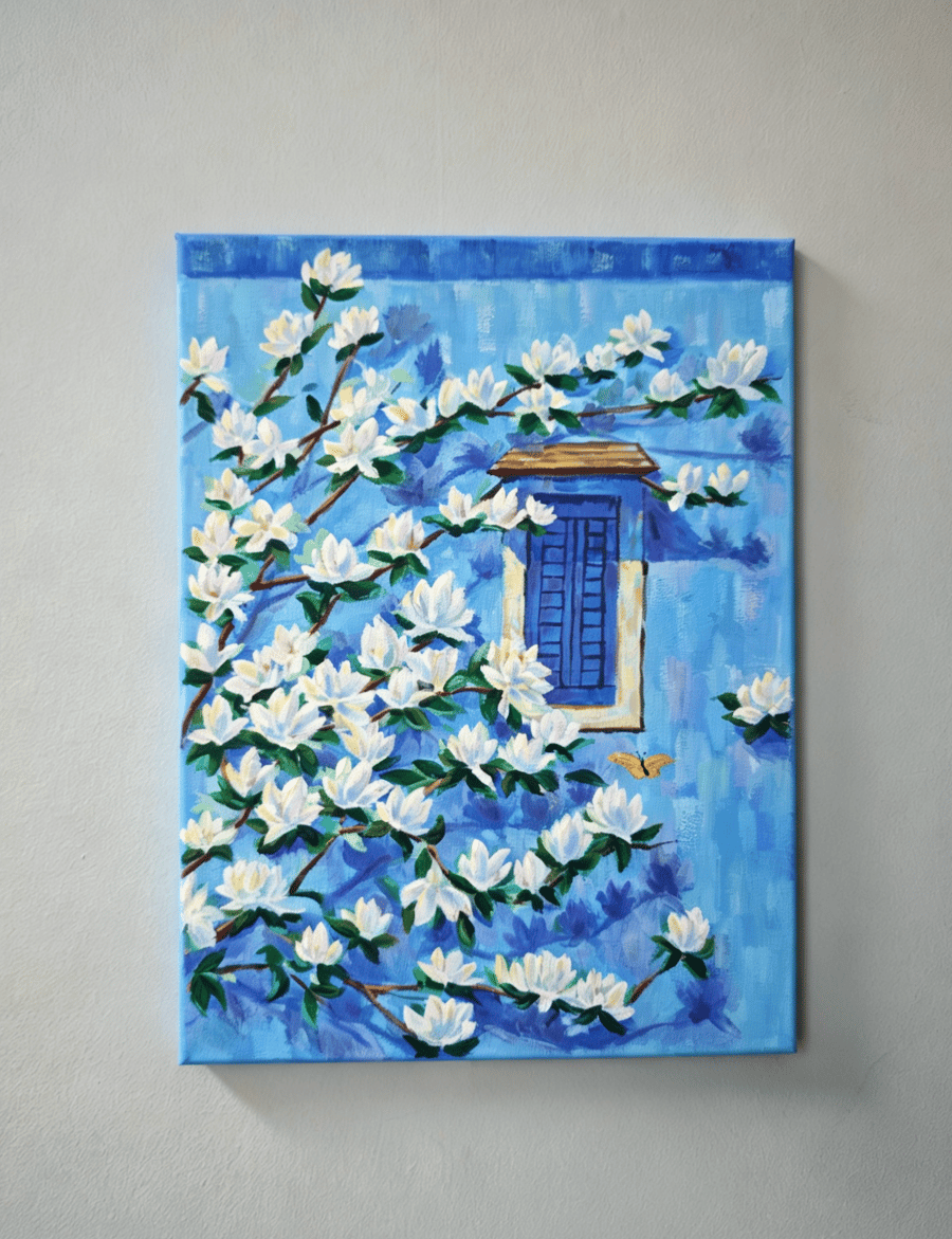 Original Blue Floral Acrylic Painting on Canvas, White Blossoms, 30 x 40 cm