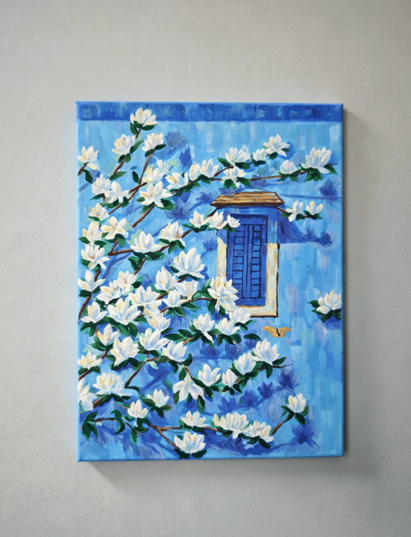 Original Blue Floral Acrylic Painting on Canvas, White Blossoms, 30 x 40 cm