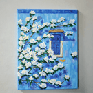 Original Blue Floral Acrylic Painting on Canvas, White Blossoms, 30 x 40 cm