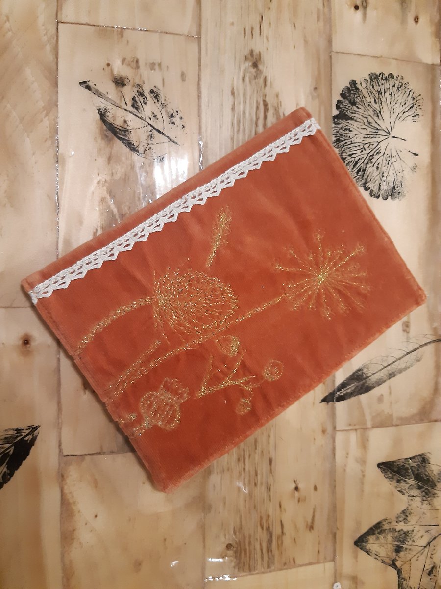 Embroidered, upcycled A5 notebook cover - Autumn seed heads, vintage fabric