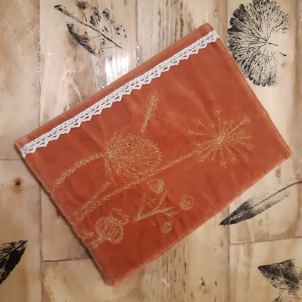 Embroidered, upcycled A5 notebook cover - Autumn seed heads, vintage fabric