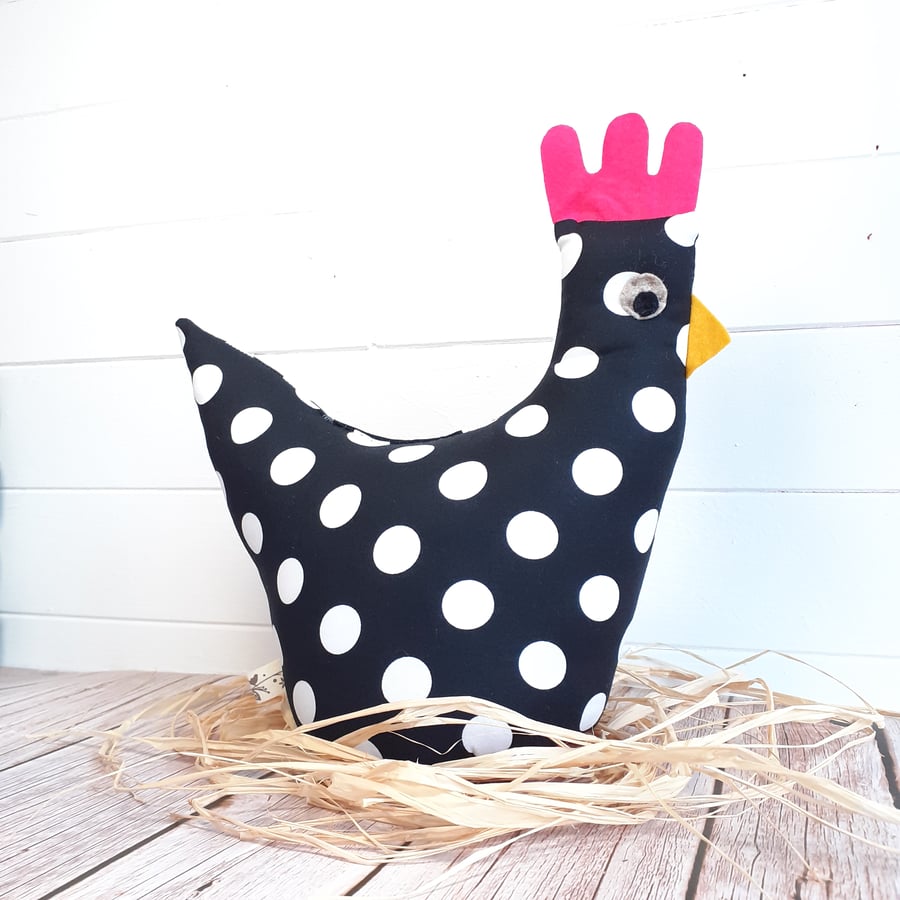 Chicken Doorstop Chicken Black with White Polka Dots