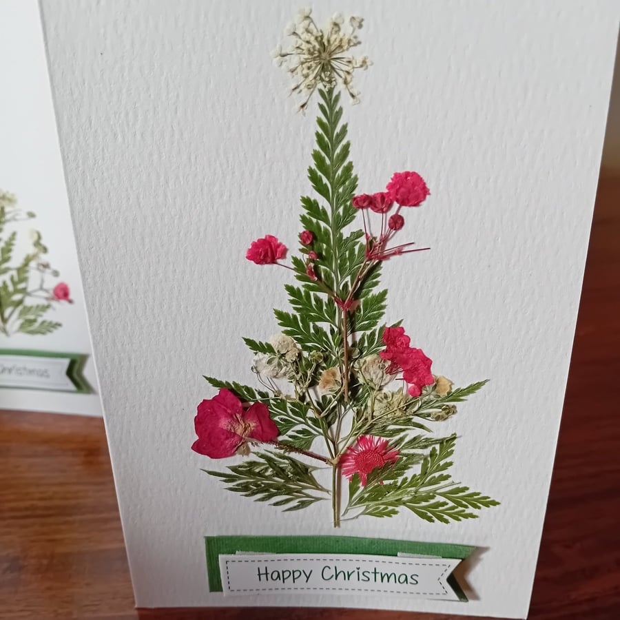Set of four. Handmade Christmas tree pressed flower greeting cards. Original.