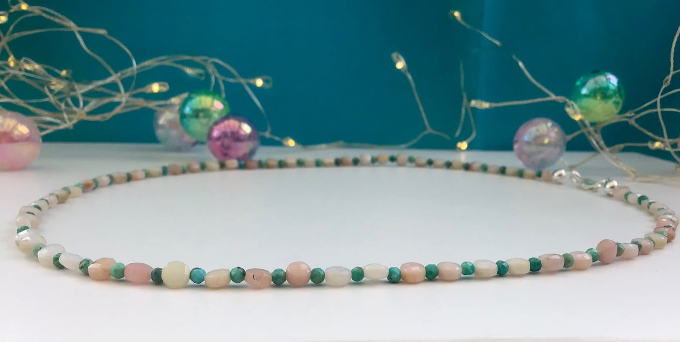 'Mermaid's Treasure' pink Opal and turquoise bead necklace. 