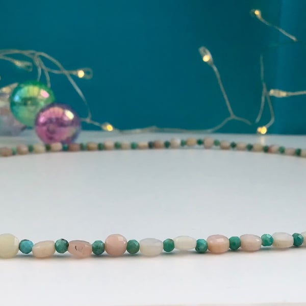 'Mermaid's Treasure' pink Opal and turquoise bead necklace. 