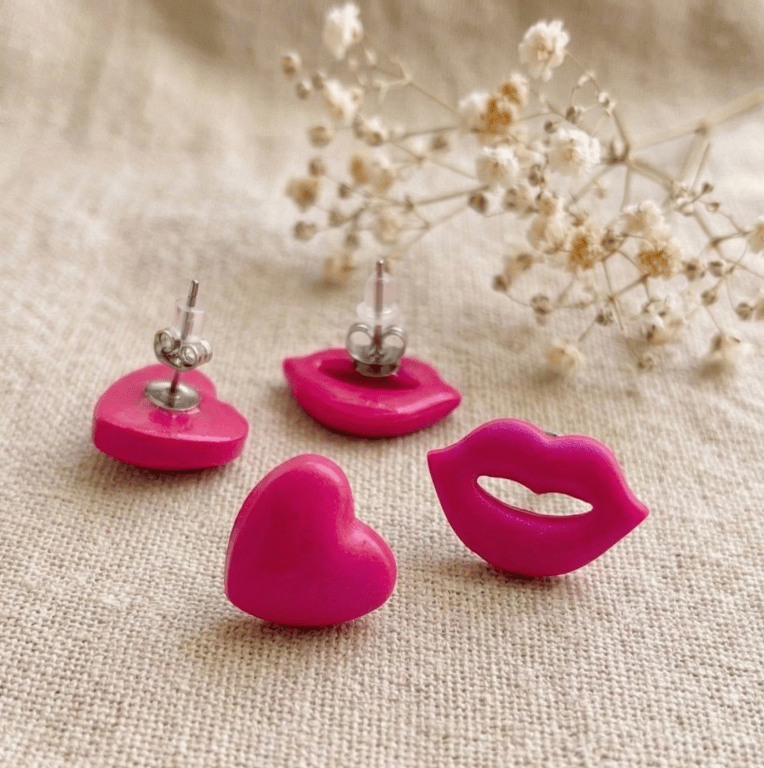 Metallic Heart and Lips Stud Earrings, Small Handmade Polymer Clay Studs