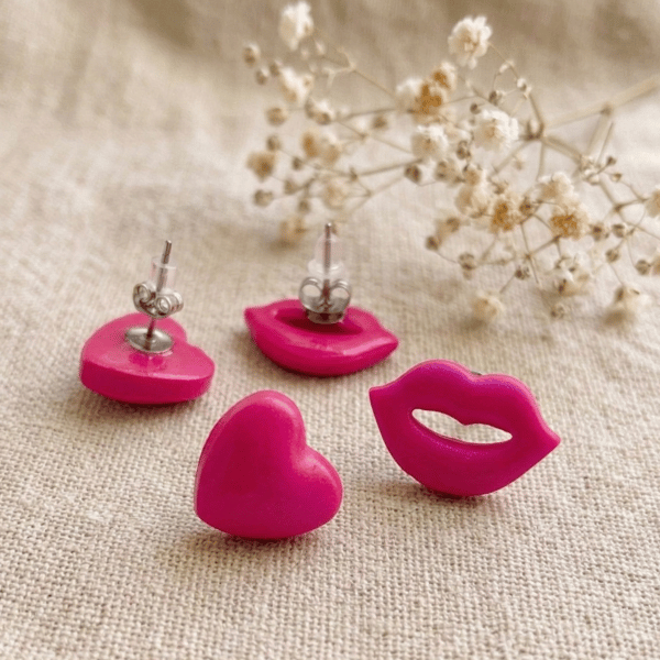 Metallic Heart and Lips Stud Earrings, Small Handmade Polymer Clay Studs