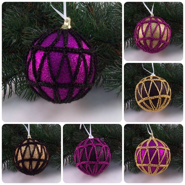 Christmas baubles boxed set of 6 large decorated with crochet lace (A40)