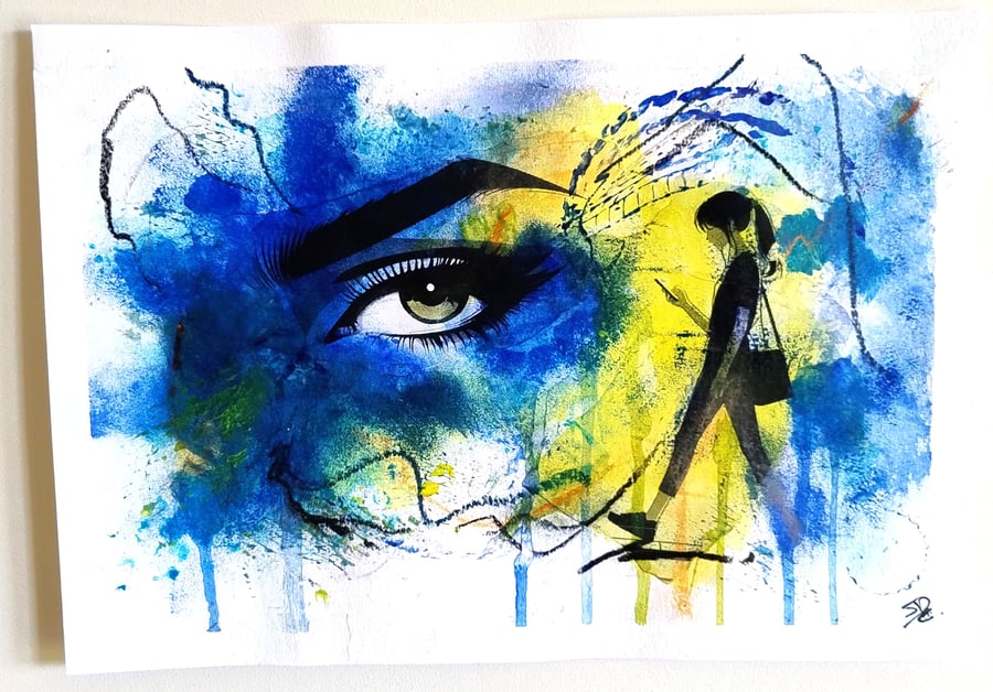 "The Watchful City" - Original Mixed Media Acrylic Painting on Paper