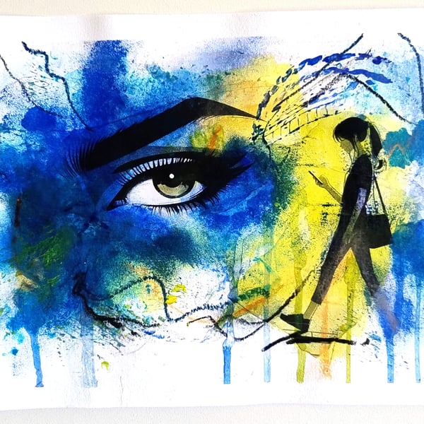 "The Watchful City" - Original Mixed Media Acrylic Painting on Paper