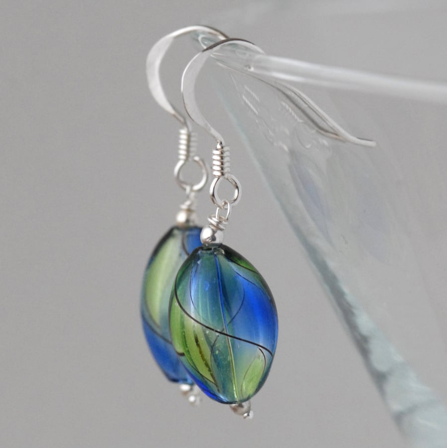 blown glass and silver earrings - blue and green bright - last pair
