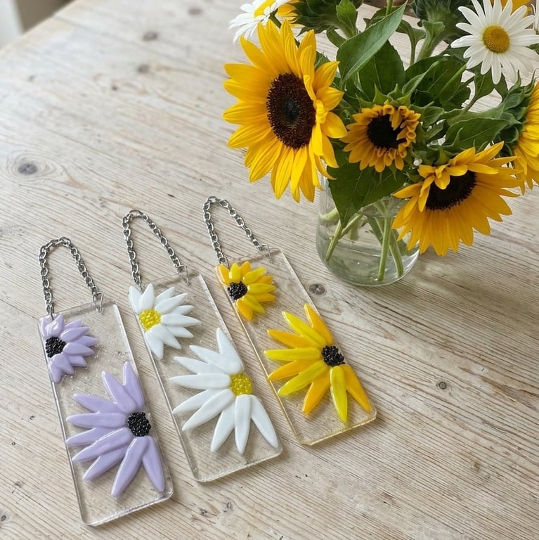 Handmade Fused Glass Flowers Hanging Picture - Suncatcher - Flower Wall Art