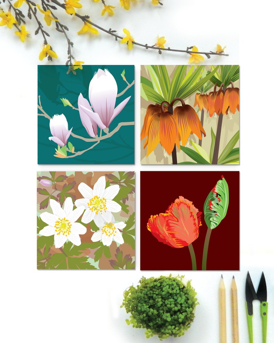 April Floral Card Collection - pack of four blank Spring cards or notelets