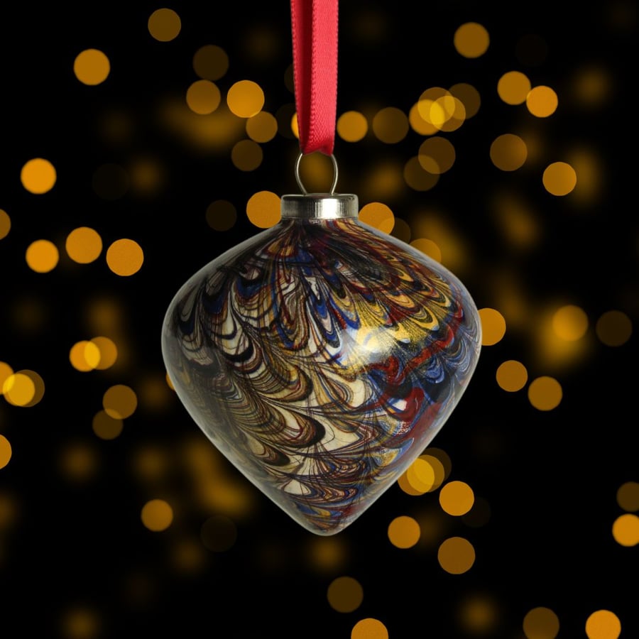 Hand marbled Christmas drop shape bauble ornament
