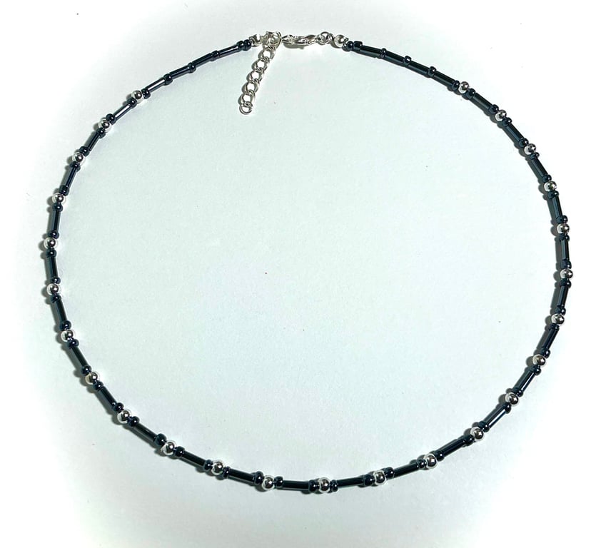 Silver Bead and Airforce Blue Beaded Necklace