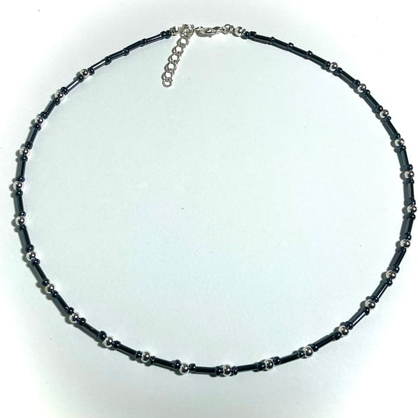 Silver Bead and Airforce Blue Beaded Necklace