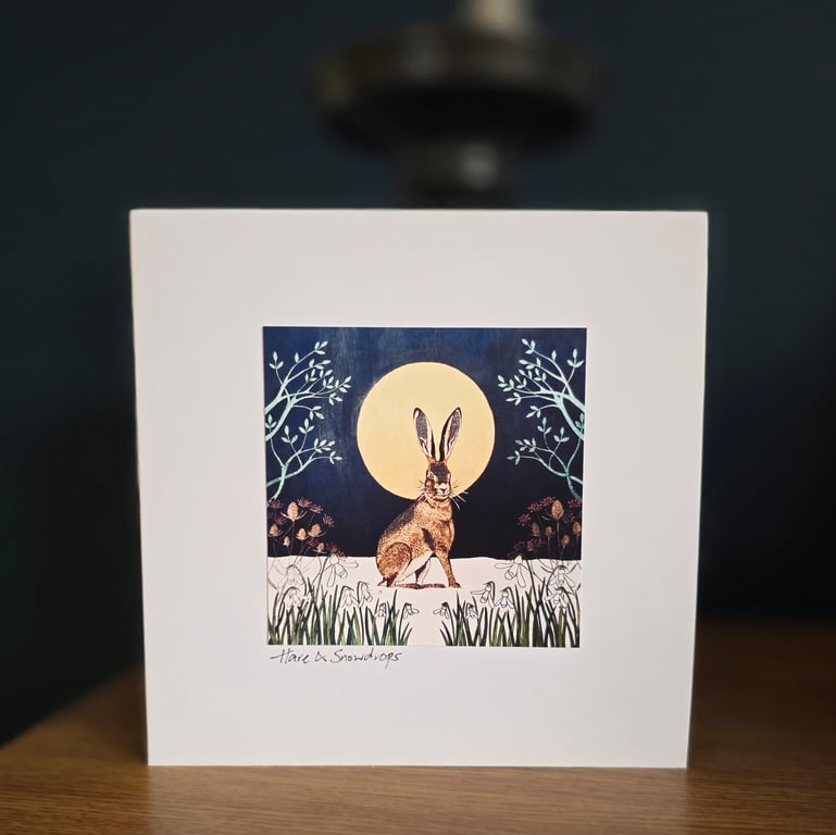 Hare & Snowdrops Handmade Greetings Card 
