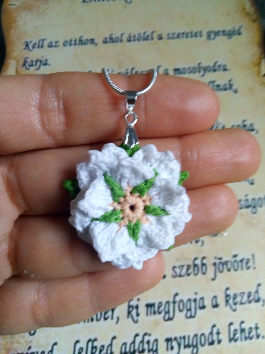Crochet rose, white rose, rose pendant