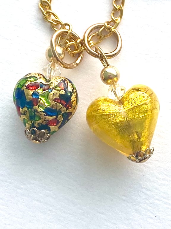 Murano glass gold double heart pendant with Swarovski and gold chain.