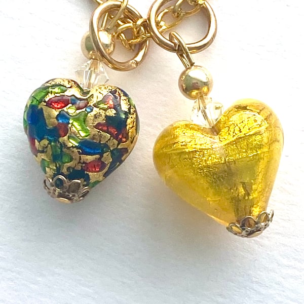 Murano glass gold double heart pendant with Swarovski and gold chain.