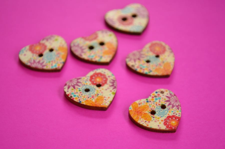 Wooden Heart Buttons Floral Purple Red Multi Coloured 6pk 25x22mm (H20)