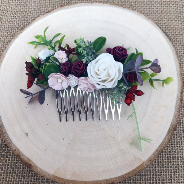 Burgundy and Blush Flower Hair Comb